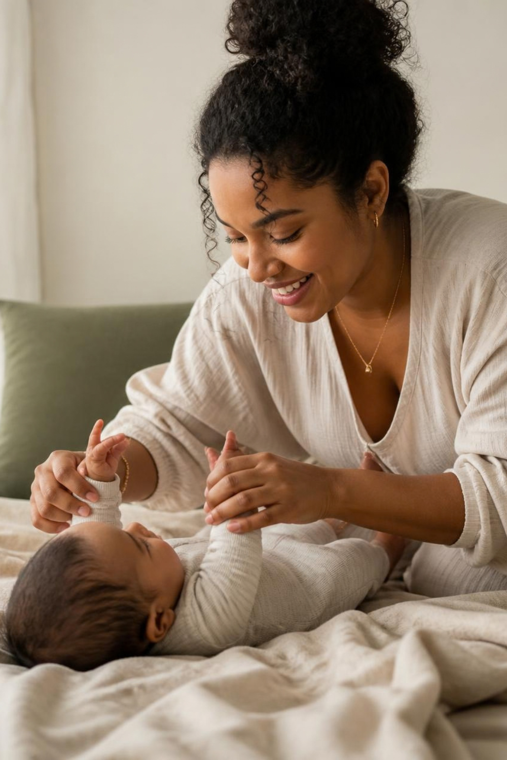 Mother playing with her newborn